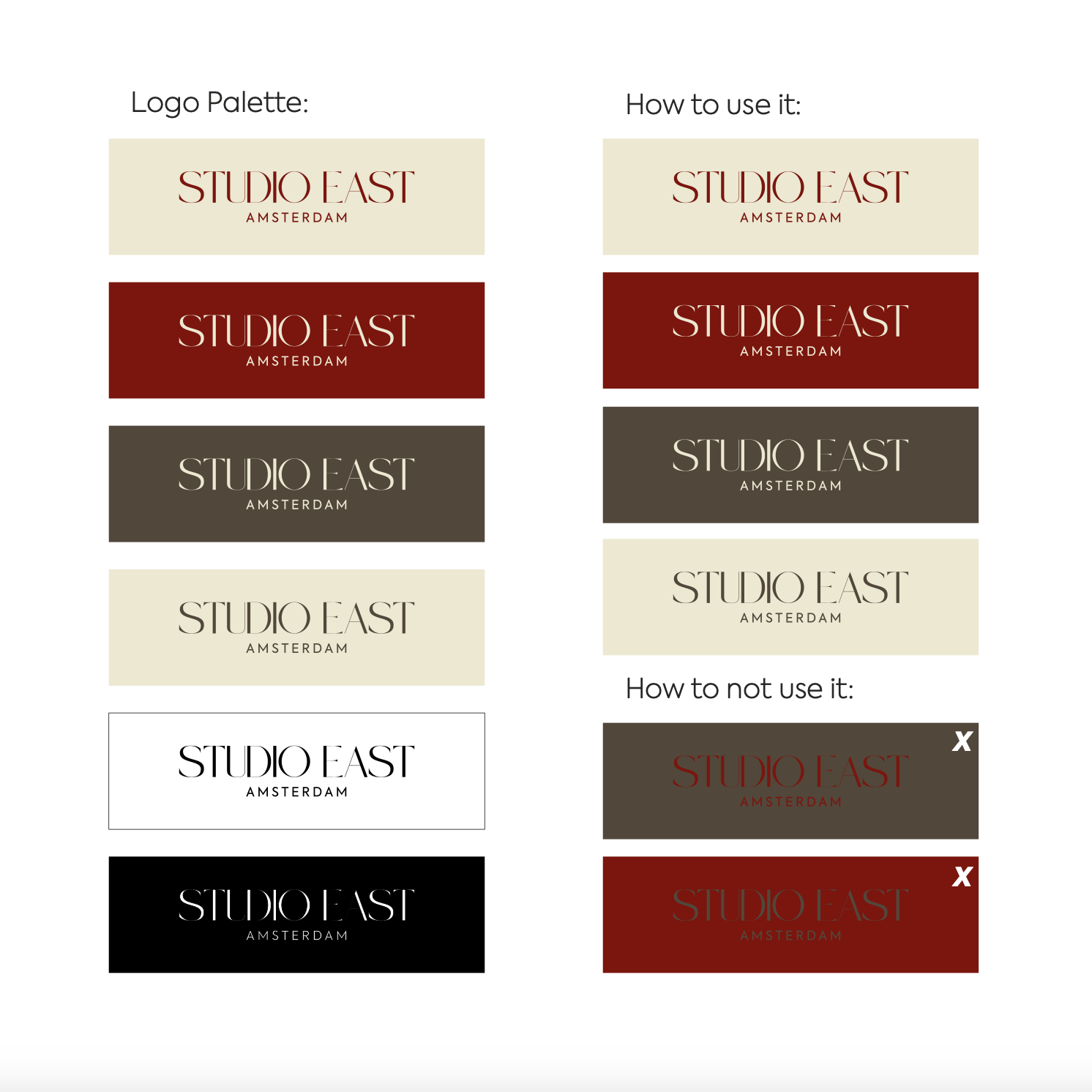 Studio East Amsterdam logo palette and usage